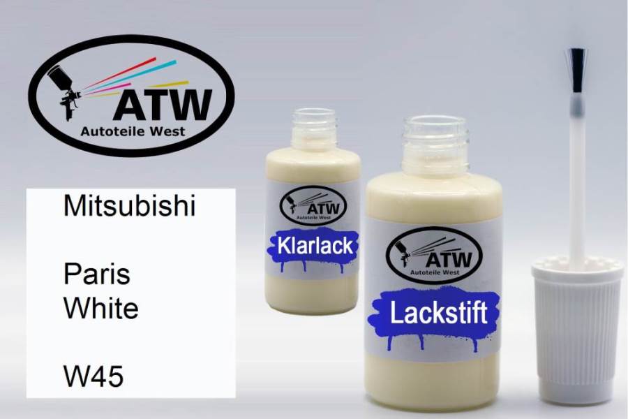 Mitsubishi, Paris White, W45: 20ml Lackstift + 20ml Klarlack - Set, von ATW Autoteile West.